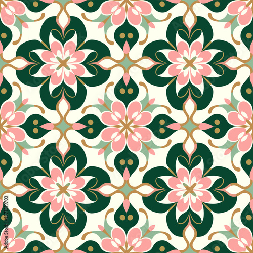 Delicate Moroccan floral pattern in vintage tones, paper-cut vector style
