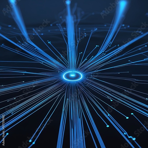 Optical data concept depicted by abstract glowing lines on a dark background. The high speed, vast capacity data transmission enabled by optical fiber technology in today's digital age. Generative AI