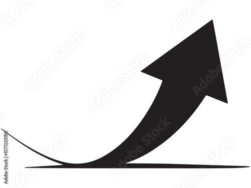 Black arrow rising upwards from a horizontal line on a white background