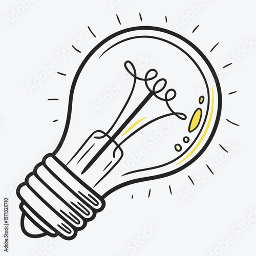 Illustration of a light bulb with a visible filament and radiating light lines on a white background