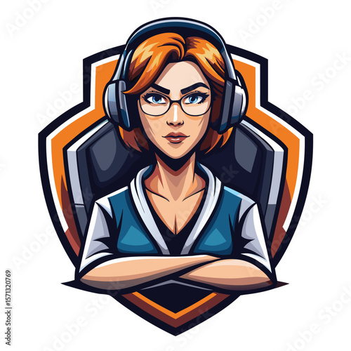 Female gamer character with headphones and glasses, arms crossed