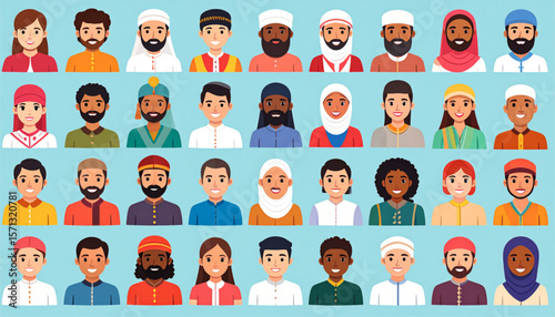 Diverse illustrated portraits of people, showcasing varied ethnicities and cultural attire.