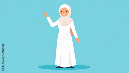 Smiling woman in a white hijab and abaya gestures, presenting something.