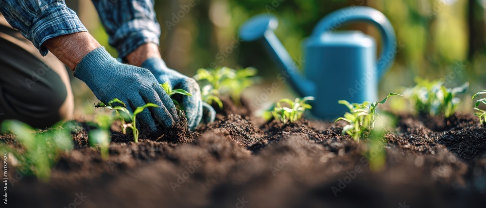 Fototapeta premium The hands nurturing young plants in a vibrant garden setting.