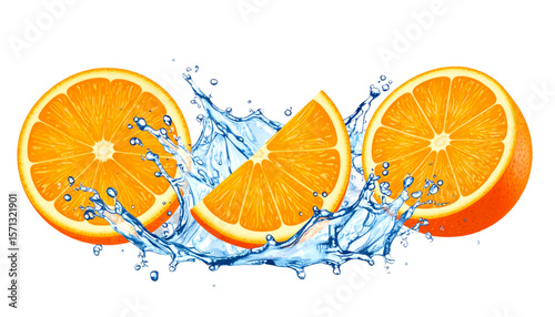 Vibrant oranges and a slice surrounded by refreshing water splashes, isolated.