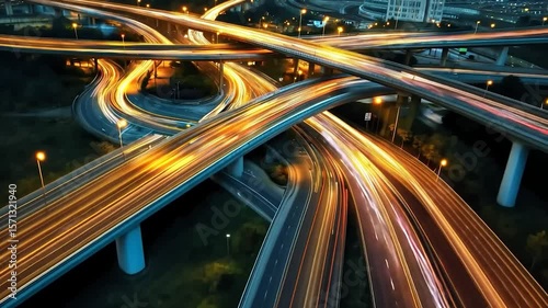 Aerial view of illuminated highways showcasing traffic flow at night.