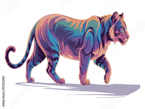 Stylized illustration of a majestic tiger walking with vibrant colorful stripes