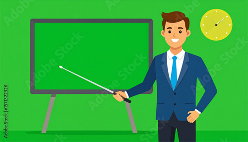Cartoon illustration of a teacher with a pointer standing next to a green chalkboard and a clock on a green background.