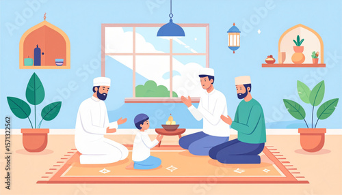 Muslim Family Praying Together at Home A Peaceful Eid Celebration Illustration