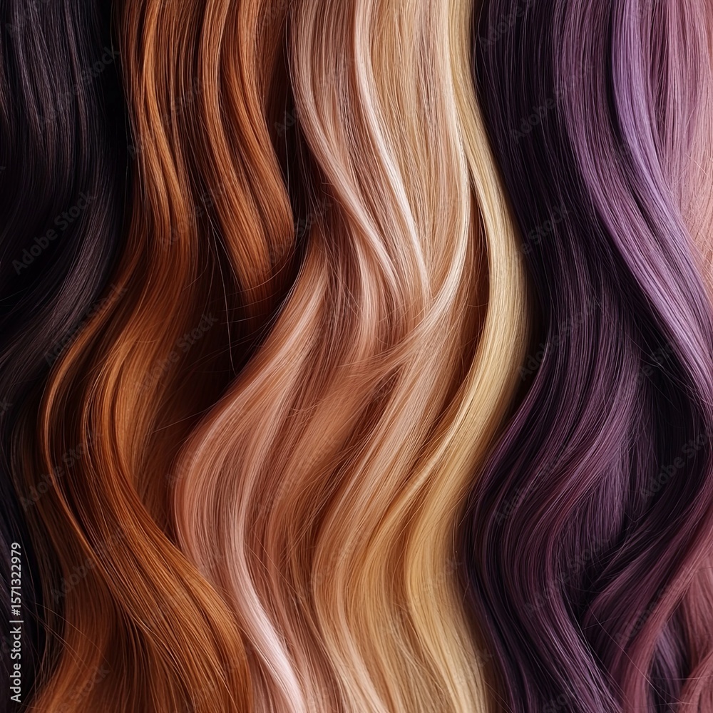 Naklejka premium Close-up texture colored hair set. Toned different shades of strands background