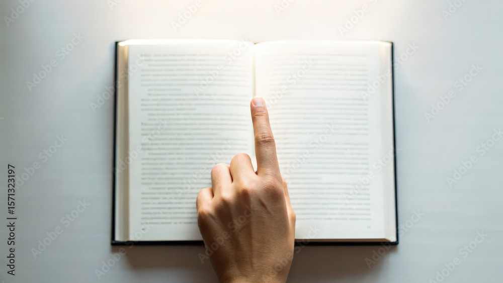 Obraz premium Hand points to open book, emphasizing text within. This captures essence of learning and exploration, showcasing economic momentum of knowledge