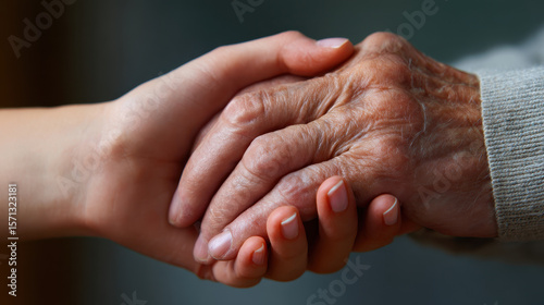 Young hand holding elderly hand showing care and support with warm lighting and soft focus