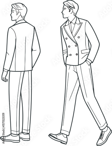 a male pant and coat set, formal menswear style, isolated on transparent PNG background.