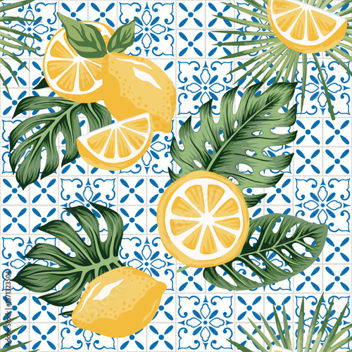 Blue Italian geometric tiles, yellow lemons, tropical palm leaves seamless pattern. Summer print.