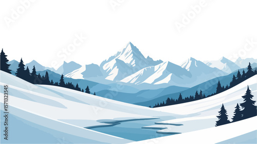 Pixel Art Snowy Mountain Landscape with Frozen Lake and Pine Trees Majestic Winter Scenery Evoking Serenity and Isolation.