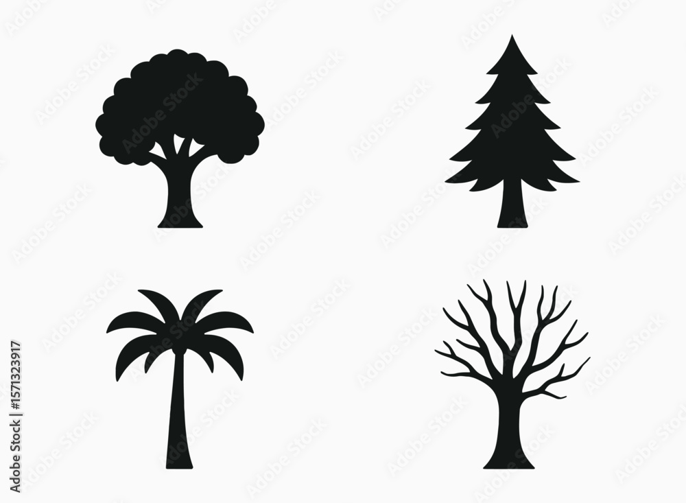 Fototapeta premium Various Tree Silhouettes – Forest and Tropical Tree Vector Set