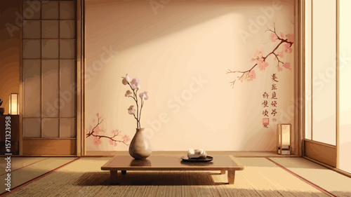 Japanese room with cherry blossoms and tea tatami mats