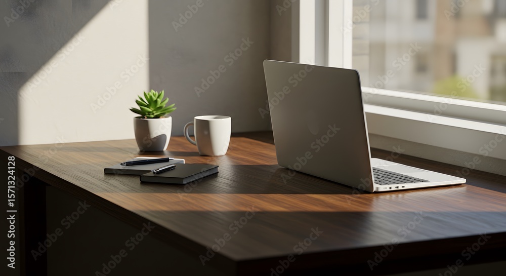 Fototapeta premium Bright Sunlight Streams Across a Wooden Desk Illuminating a Laptop Smartphone and a Small Potted Plant Evoking Productivity and Natural Light in an Office Setting