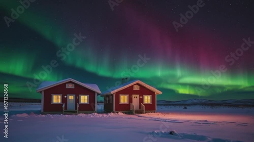 stunning night view of a red country house with a snow-covered roof, standing in the middle of a vast snowy landscape. Above the house, the dark night sky is illuminated by the spectacular aurora bore