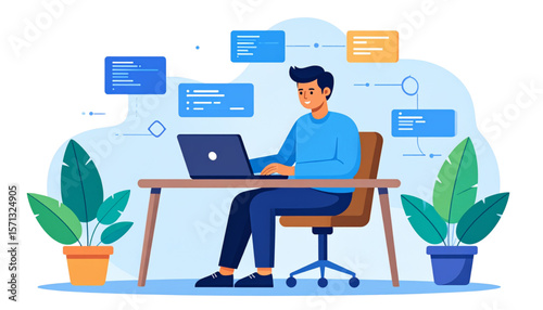 A cartoon illustration of a person working on a laptop, surrounded by code snippets and office plants.