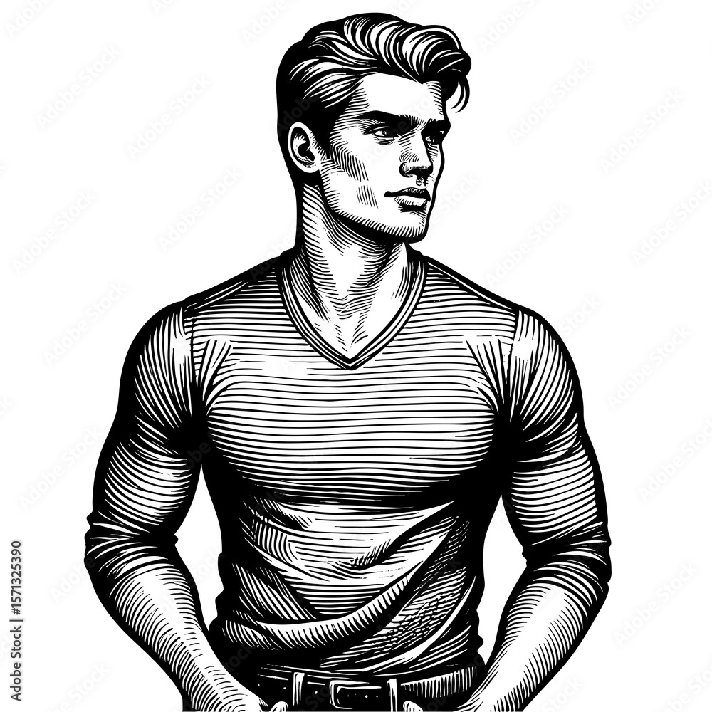 Obraz premium confident man in a V-neck shirt sketch engraving generative ai fictional character PNG illustration. Scratch board imitation. Black and white image.