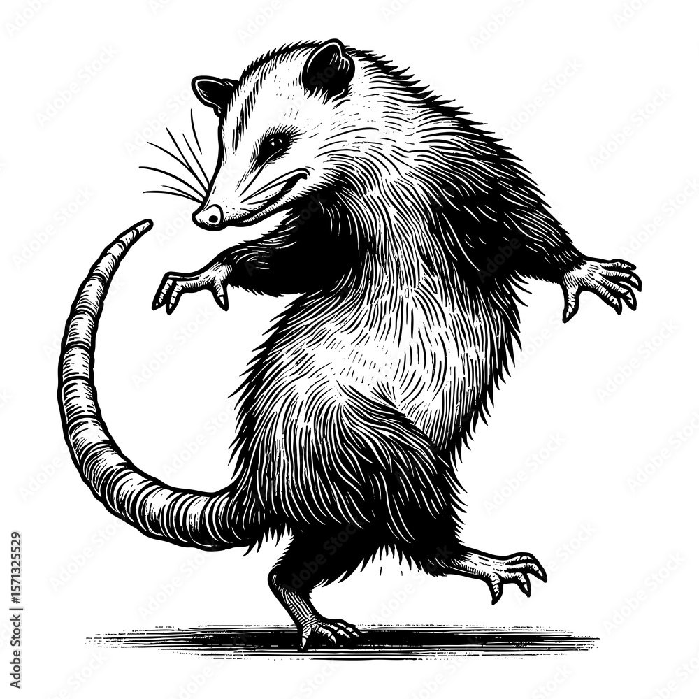 Fototapeta premium Dancing Opossum sketch engraving generative ai fictional character PNG illustration. Scratch board imitation. Black and white image.