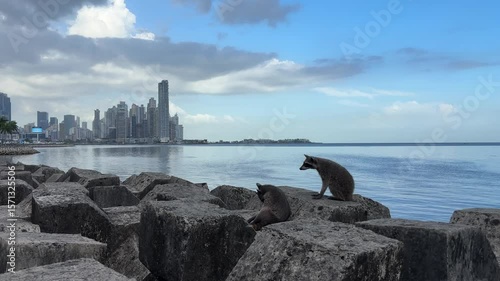 Two raccoons are perched on large concrete tetrapods along the Panama City waterfront, with the modern skyscraper skyline visible across the calm blue water in the background. 