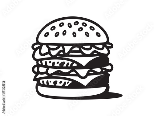Stylized black and white illustration of a tall double cheeseburger with sesame seeds