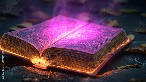 An enchanted book radiating magical energy with glowing pages and swirling smoke.