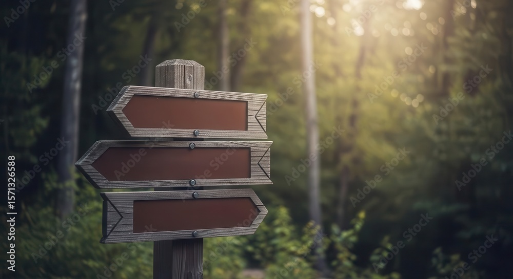Fototapeta premium Wooden Direction Signpost in Forest with Sunlight Filtering Through Trees