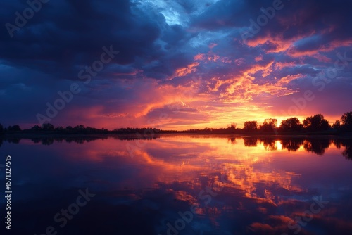 Dramatic sunset sky reflects off still waters, with dark silhouette of trees along the horizon.