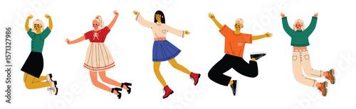 Happy People Character Jumping with Joy and Excitement Vector Set