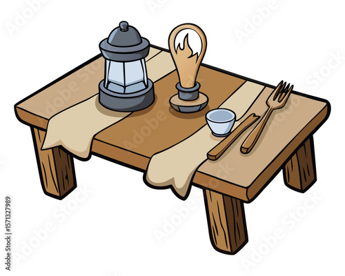 A rustic table, wooden utensils, linen napkins, and a small lantern separate on white.