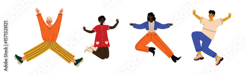 Happy People Character Jumping with Joy and Excitement Vector Set
