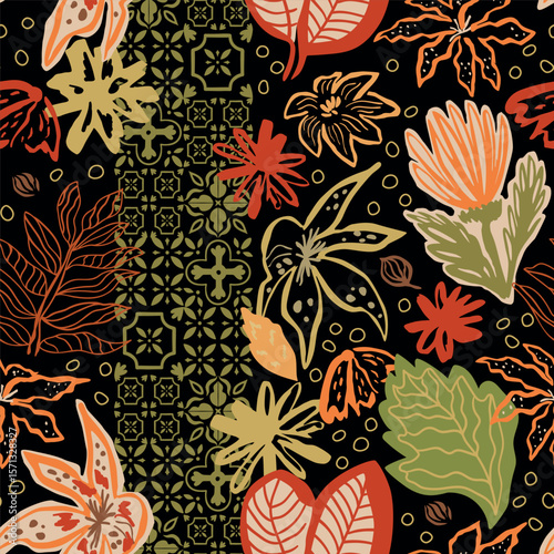 Autumn floral leaves and ethnic tiles ornament. Hand drawn fall botanical seamless pattern with geometric Mediterranean elements on the black background. Fashion design fabric, textile, wallpaper.
