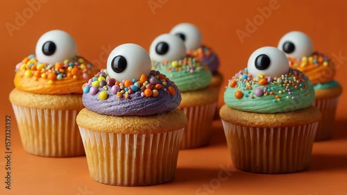 Halloween concept. Cupcakes with colorful frosting, candy sprinkles, and large edible eyeball decorations arranged against an orange background.