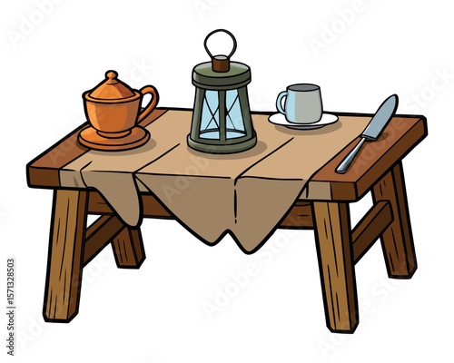 A rustic table, wooden utensils, linen napkins, and a small lantern separate on white.