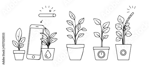 flowers in pots  Wireless Smart Plant Monitor Kit – App-Controlled Vector Line Icons
