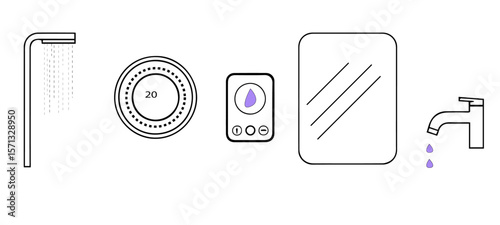 Outline Vector Icons of Smart Bathroom Technology for Eco Homes

