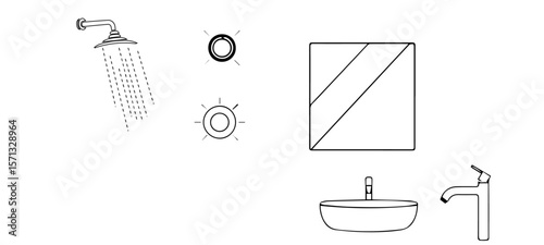  Clean Black Line Vector Set of Smart Sustainable Bathroom Fixtures
 set of bathroom accessories