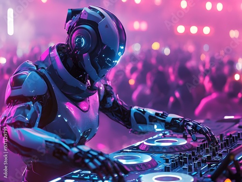 CyberBeats: A Cyborg DJ Drops Bass in a Neon-Lit, Hologram-Filled Nightclub, pink futuristic robot with futuristic background