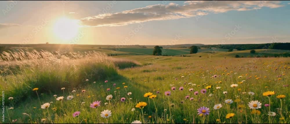 A sunny meadow of wildflowers with rolling green hills in the background. A rural spring landscape.