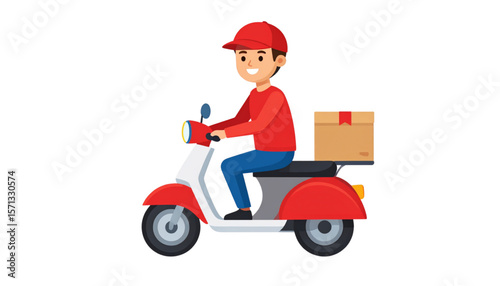 A cartoon man in red uniform rides a red and white scooter with a box on the back, delivering a package.