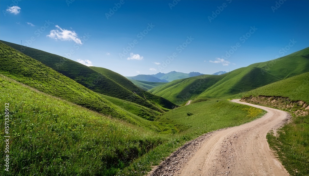 Fototapeta premium serene winding dirt road through lush green hills under a clear blue sky inviting exploration