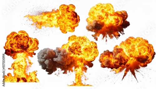 A Series of High-Resolution Explosion Images Capturing Fiery Detonations, Shockwaves, Debris, and Smoke in Vivid Detail; Showcasing Intense Combustion, Power, and Destructive Force in Motion