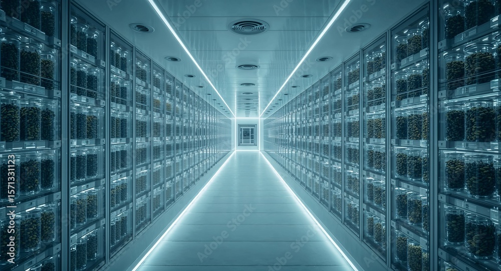 Fototapeta premium A long corridor with shelves filled with jars in a futuristic setting with blue lighting effects