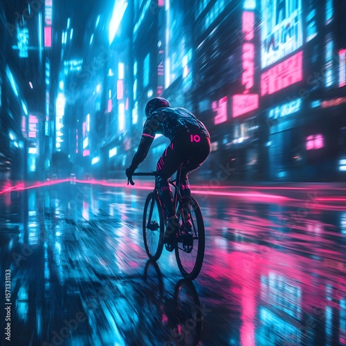 Synthwave Streets: A Biker’s Dash Through a City Bathed in Neon Light, young man riding a bike