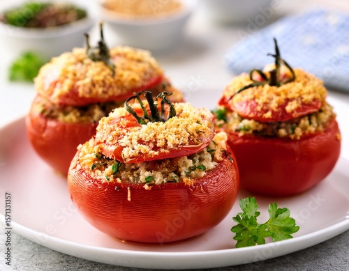 british tomato fortnight delicious herb stuffed tomatoes with crispy breadcrumb topping on a white plate