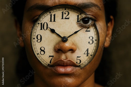 Time is a constant companion in our lives, as evidenced by this striking image of a clock face superimposed on a human face
