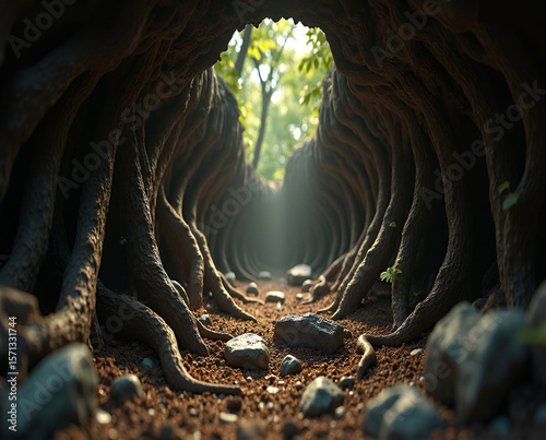 Mystical Forest Path Formed by Twisted Tree Roots